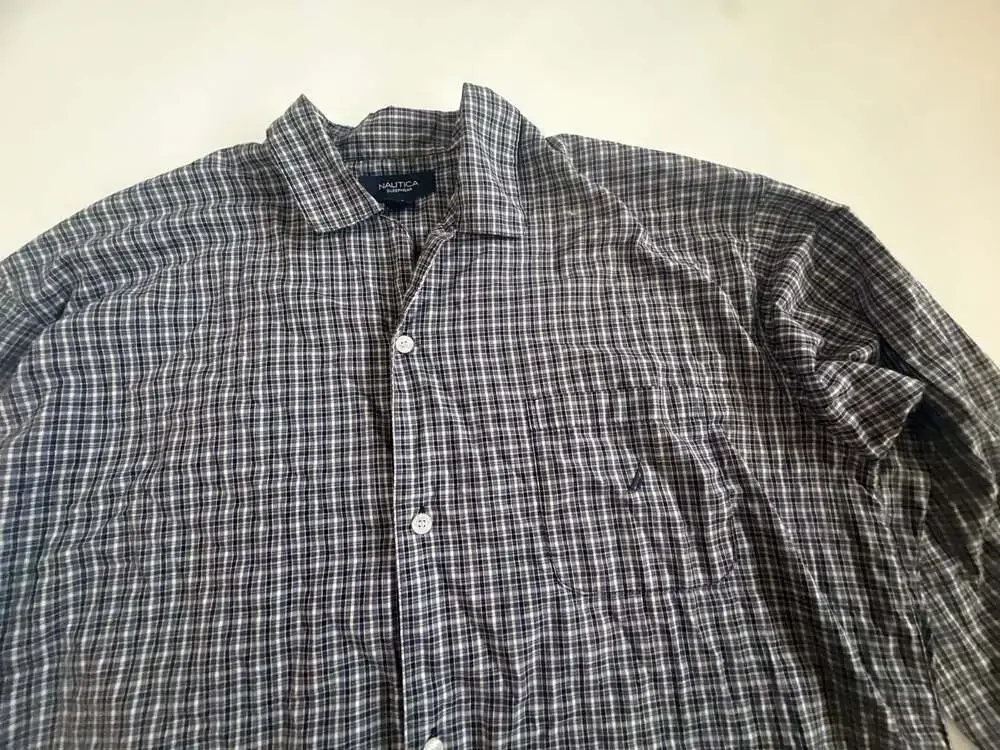 Nautica Sleepwear Plaid Pajama Shirt Mens L Gray Blue Check Button Down Y2K